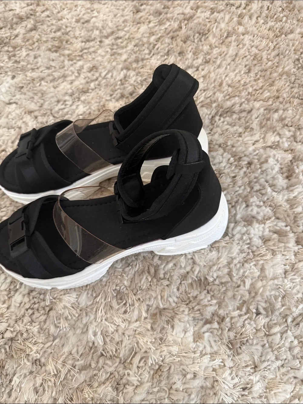 Fashion Nova Black Sport Sandals with Clear Accent Strap
